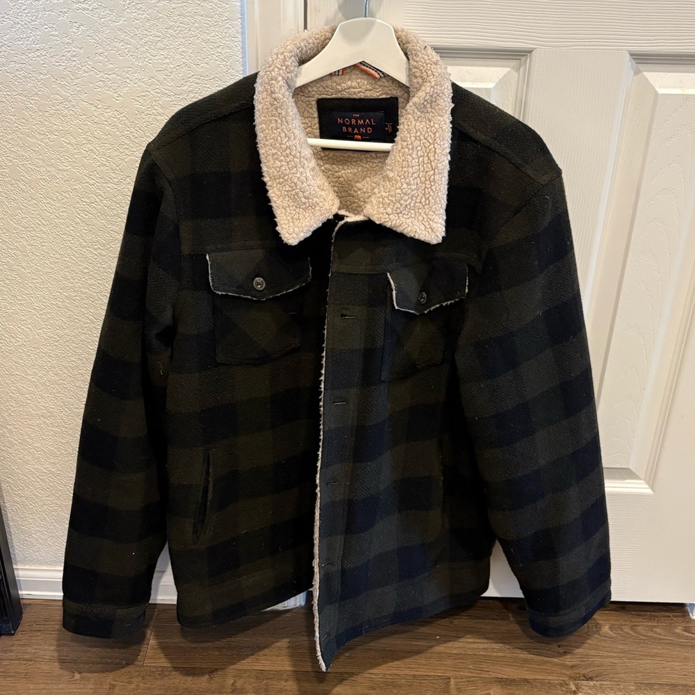 The Normal Brand Green Plaid Sherpa Collar Wool Blend Jacket-Size L-EUC